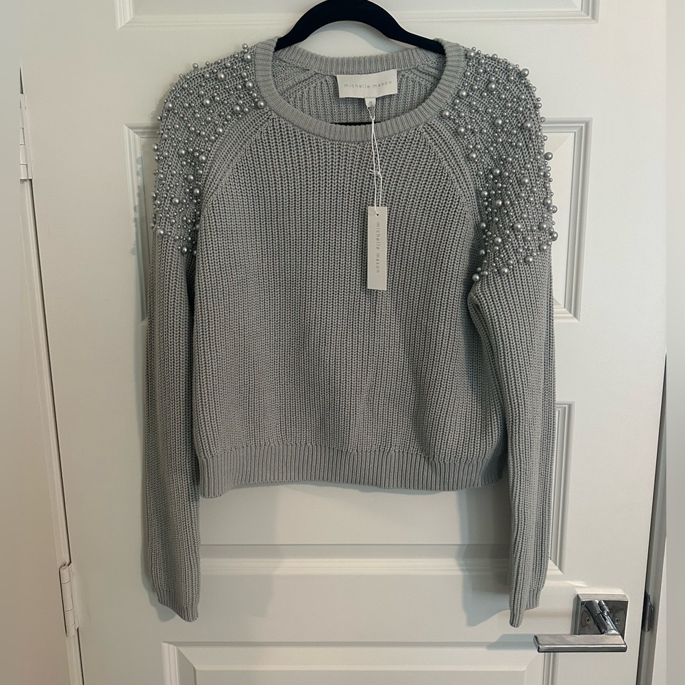 NWT Michelle Mason Faux Pearl-embellished Cotton Sweater - Picture 2 of 4